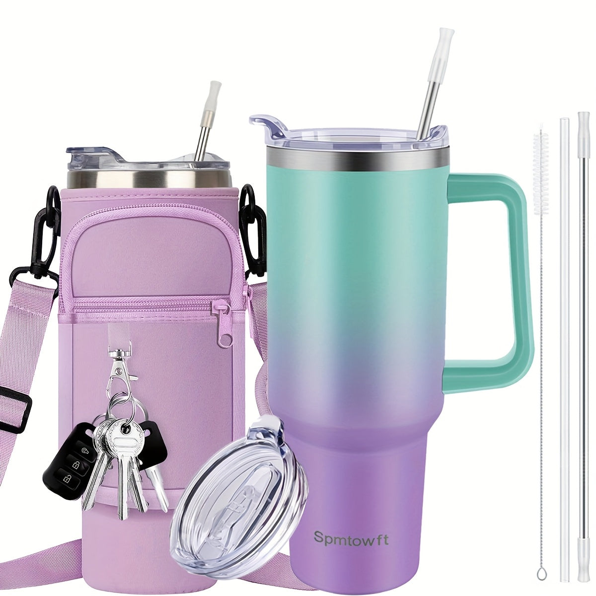 40oz Insulated Tumbler with Handle & Straw Set – Double-Wall Stainless Steel, Leak-Proof Lid, Travel Mug Fits Car Cup Holders, Keeps Drinks Cold 34H/Hot 8H