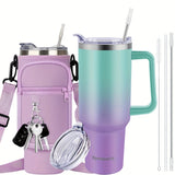 40oz Insulated Tumbler with Handle & Straw Set – Double-Wall Stainless Steel, Leak-Proof Lid, Travel Mug Fits Car Cup Holders, Keeps Drinks Cold 34H/Hot 8H