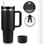 40oz Insulated Tumbler with Handle & Straw Set – Double-Wall Stainless Steel, Leak-Proof Lid, Travel Mug Fits Car Cup Holders, Keeps Drinks Cold 34H/Hot 8H