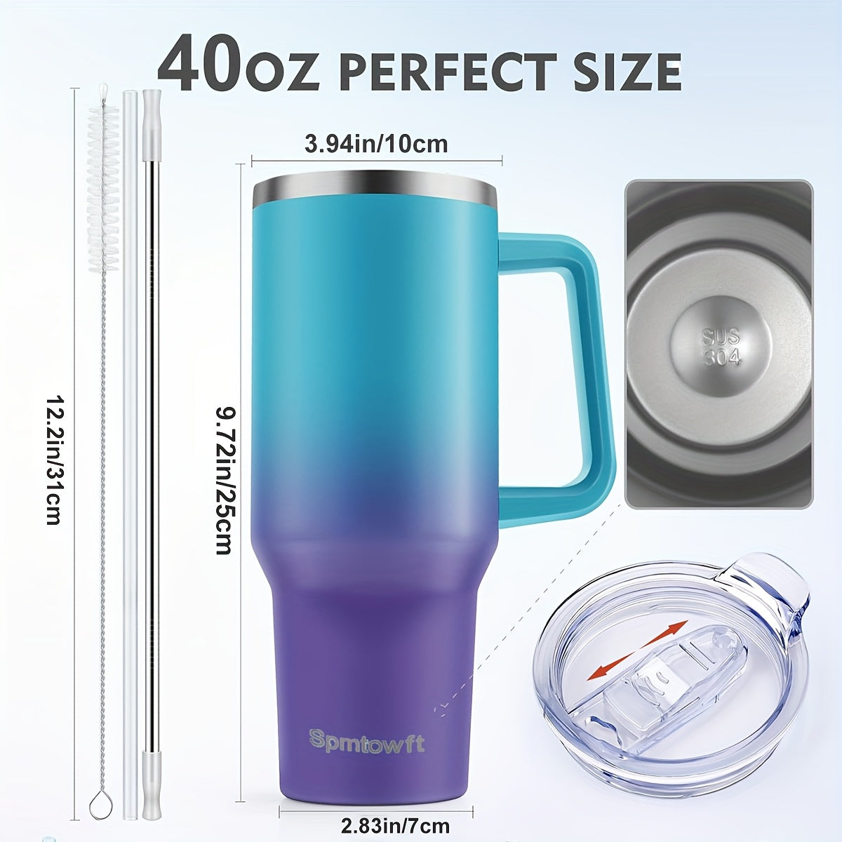 40oz Insulated Tumbler with Handle & Straw Set – Double-Wall Stainless Steel, Leak-Proof Lid, Travel Mug Fits Car Cup Holders, Keeps Drinks Cold 34H/Hot 8H