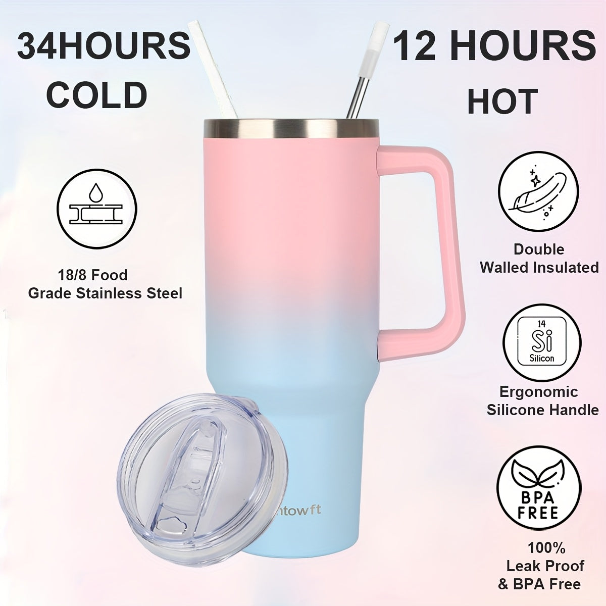 40oz Insulated Tumbler with Handle & Straw Set – Double-Wall Stainless Steel, Leak-Proof Lid, Travel Mug Fits Car Cup Holders, Keeps Drinks Cold 34H/Hot 8H