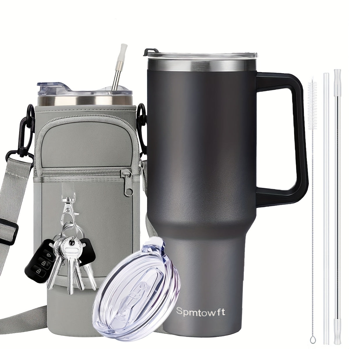 40oz Insulated Tumbler with Handle & Straw Set – Double-Wall Stainless Steel, Leak-Proof Lid, Travel Mug Fits Car Cup Holders, Keeps Drinks Cold 34H/Hot 8H