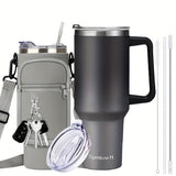 40oz Insulated Tumbler with Handle & Straw Set – Double-Wall Stainless Steel, Leak-Proof Lid, Travel Mug Fits Car Cup Holders, Keeps Drinks Cold 34H/Hot 8H