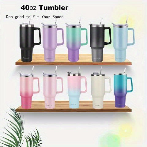 40oz Insulated Tumbler with Handle & Straw Set – Double-Wall Stainless Steel, Leak-Proof Lid, Travel Mug Fits Car Cup Holders, Keeps Drinks Cold 34H/Hot 8H