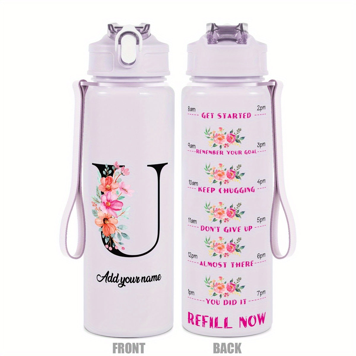 Custom Name 25oz Water Bottle with Time Markers – Leakproof Hydration Tracker Bottle
