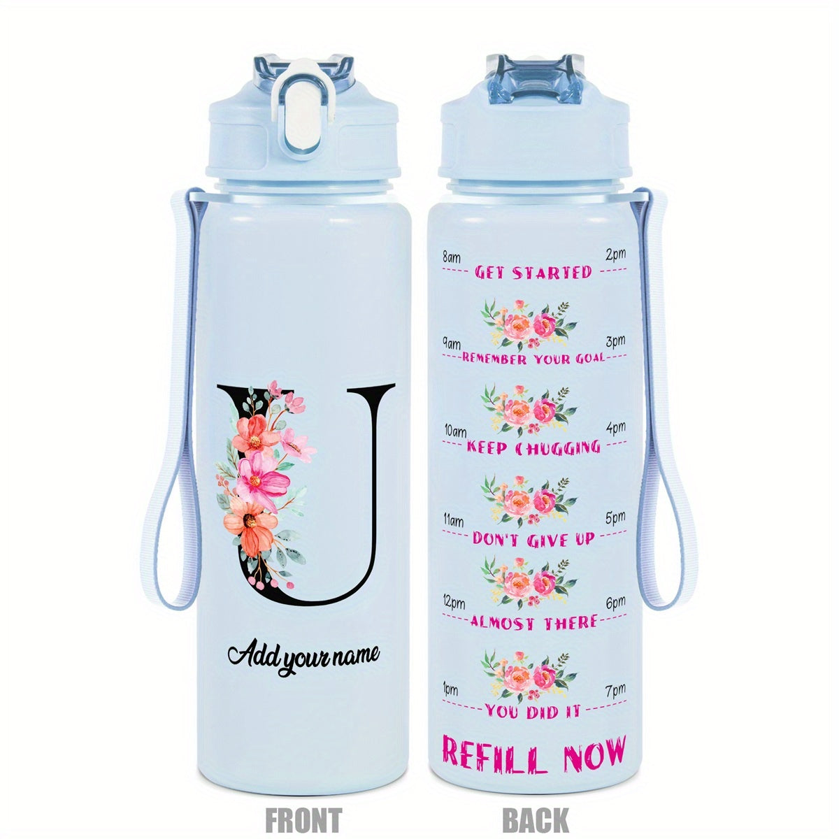 Custom Name 25oz Water Bottle with Time Markers – Leakproof Hydration Tracker Bottle