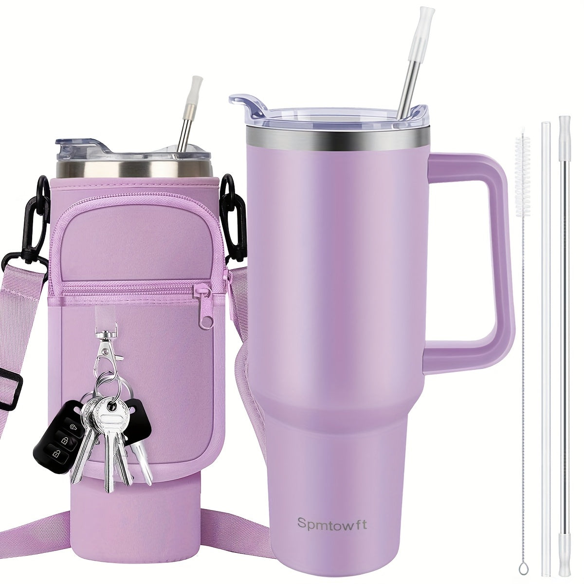 40oz Insulated Tumbler with Handle & Straw Set – Double-Wall Stainless Steel, Leak-Proof Lid, Travel Mug Fits Car Cup Holders, Keeps Drinks Cold 34H/Hot 8H