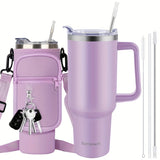 40oz Insulated Tumbler with Handle & Straw Set – Double-Wall Stainless Steel, Leak-Proof Lid, Travel Mug Fits Car Cup Holders, Keeps Drinks Cold 34H/Hot 8H