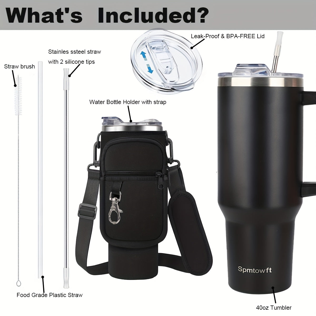 40oz Insulated Tumbler with Handle & Straw Set – Double-Wall Stainless Steel, Leak-Proof Lid, Travel Mug Fits Car Cup Holders, Keeps Drinks Cold 34H/Hot 8H