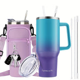 40oz Insulated Tumbler with Handle & Straw Set – Double-Wall Stainless Steel, Leak-Proof Lid, Travel Mug Fits Car Cup Holders, Keeps Drinks Cold 34H/Hot 8H