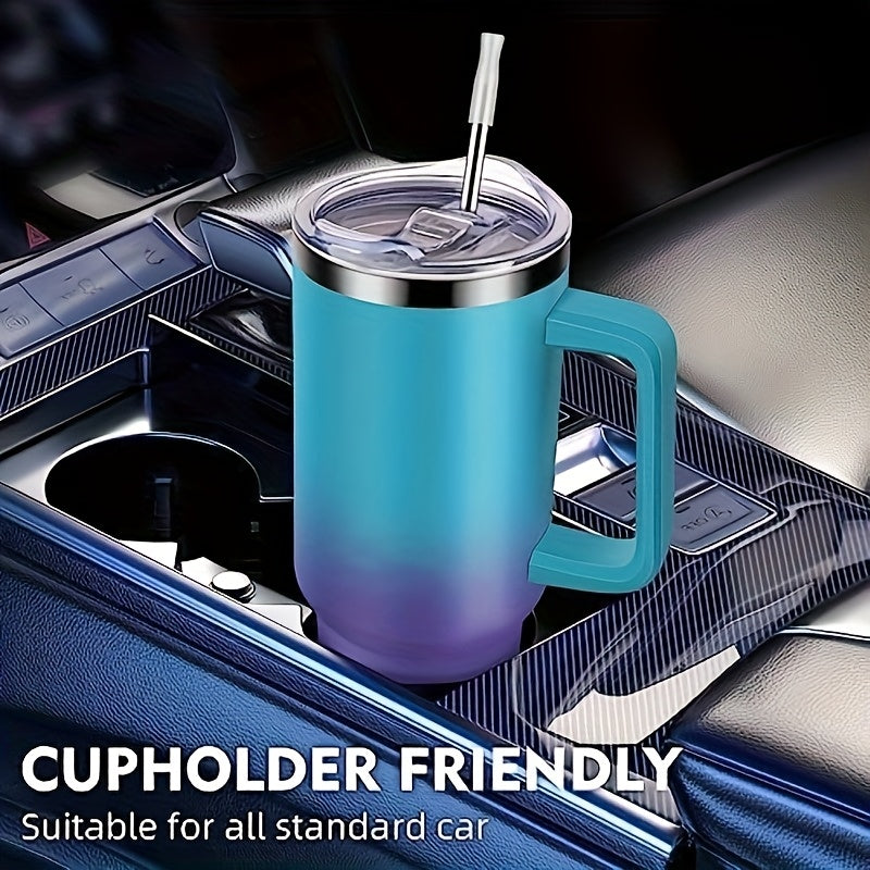 40oz Insulated Tumbler with Handle & Straw Set – Double-Wall Stainless Steel, Leak-Proof Lid, Travel Mug Fits Car Cup Holders, Keeps Drinks Cold 34H/Hot 8H