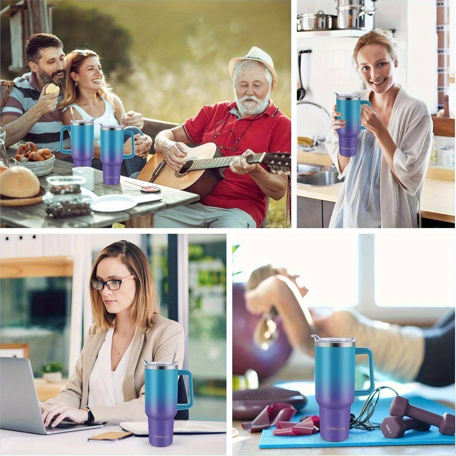 40oz Insulated Tumbler with Handle & Straw Set – Double-Wall Stainless Steel, Leak-Proof Lid, Travel Mug Fits Car Cup Holders, Keeps Drinks Cold 34H/Hot 8H